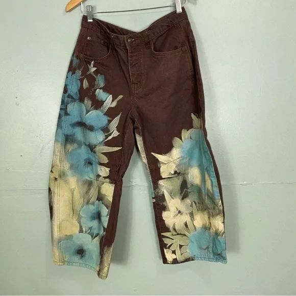 Free People We The Free Good Luck Printed Barrel Jeans Washed Floral Brown Sz 29 - Picture 2 of 4